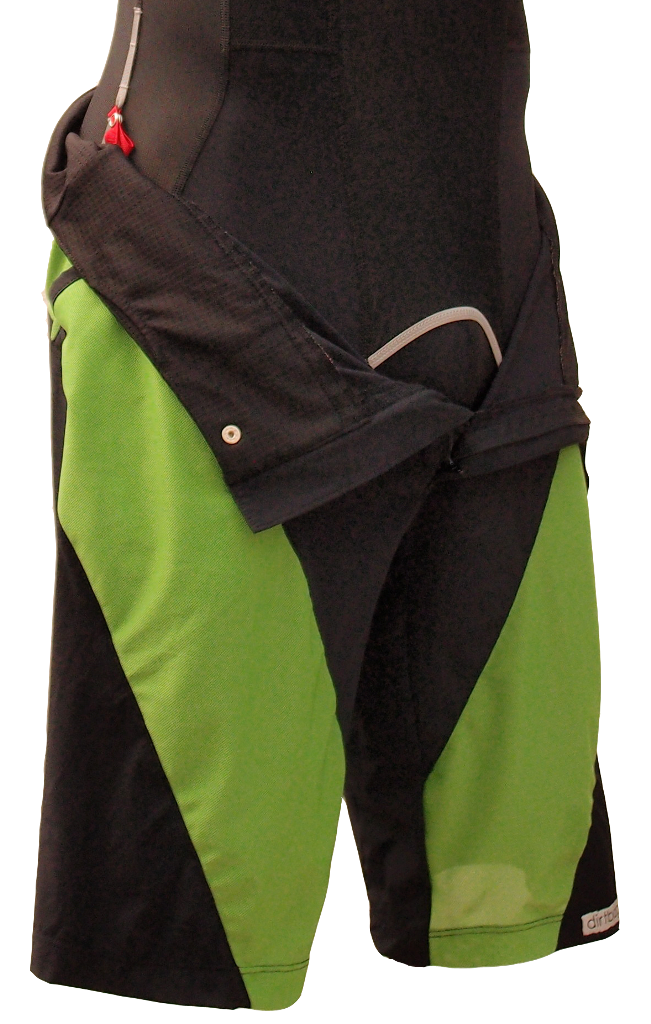 Detail to show pocket hidden in waistband, red tethers to attach the baggy short to your bib-liner and access to the WeinerGate fly in the bib (sold separately)